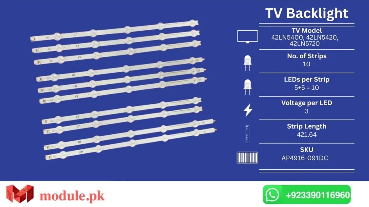 LED Backlight Strip LG 42" - 3V - 422mm - 42LN5400, 42LN5420, 42LN5720, 42LN542V, 42LN5403, 42LN541V, 42LN613V, 42LN5405, 42LA613V, 42LA6154, 42LA6200, 42LA615V, 42LA620S, 42LN570S
