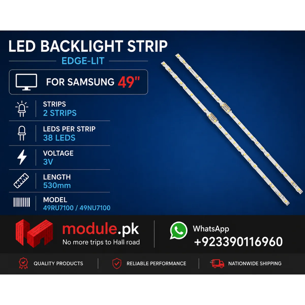 LED Backlight Edge-lit Samsung 49" - 6V - 533mm - 49NU7100, 49RU7100, UE49NU7100K, UE49NU7300, UE49NU7102