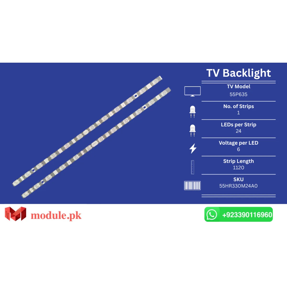 LED Backlight Strip TCL 55" - 6V - 1120mm - 55P635, 55S455, 55S451, 55S453, 55V6EA, 55S450, 55S452, 55S454, 55S450G, 55S41, 55S11-ZX3030A