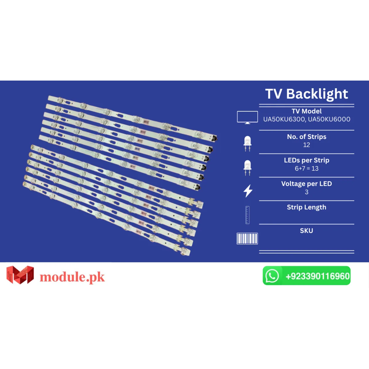 LED Backlight Strip Samsung 50" - 3V - UA50KU6300, UA50KU6000, UE50MU6120K, UE50MU6105K, UE50MU6103U, UE50MU6102K, UE50MU6100W, UE50MU6100U, UE50MU6100K, UE50KU7000U, UA50KU8000