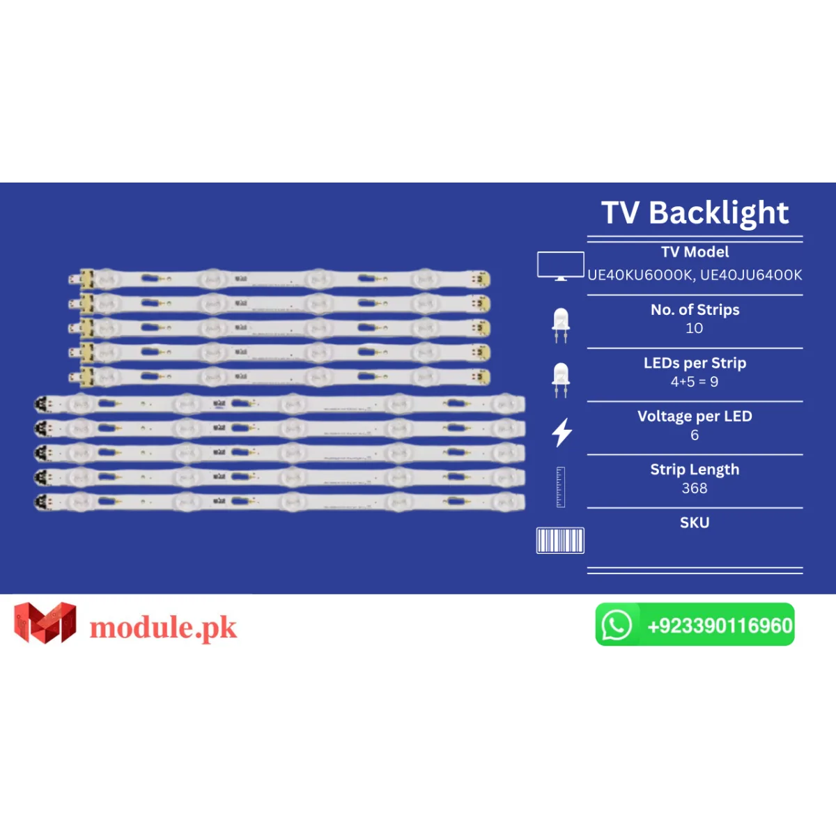 LED Backlight Strip Samsung 40" - 6V - 368mm - UE40KU6000K, UE40JU6400K, UE40JU6400U, UE40MU6105K, UE40KU6100K, UE40KU6100W, UE40MU6100K, UE40JU6000K, UA40KU6000, UA40KU6100, UA40MU6100, UA40MU6000