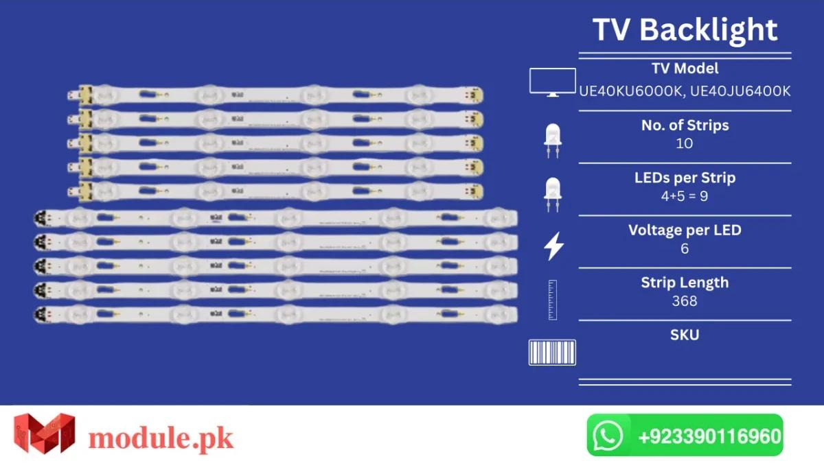 LED Backlight Strip Samsung 40" - 6V - 368mm - UE40KU6000K, UE40JU6400K, UE40JU6400U, UE40MU6105K, UE40KU6100K, UE40KU6100W, UE40MU6100K, UE40JU6000K, UA40KU6000, UA40KU6100, UA40MU6100, UA40MU6000
