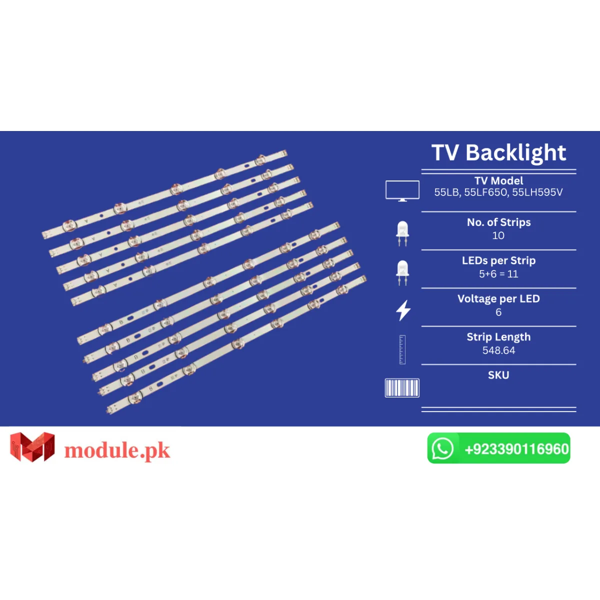 LED Backlight Strip LG 55" - 6V - 55LF650, 55LH595V, 55LB580V, 55LF6500, 55LF5610, 55LB680V, 55LF6529, 55LB620V, 55LB652V, 55LB6000, 55LF5800