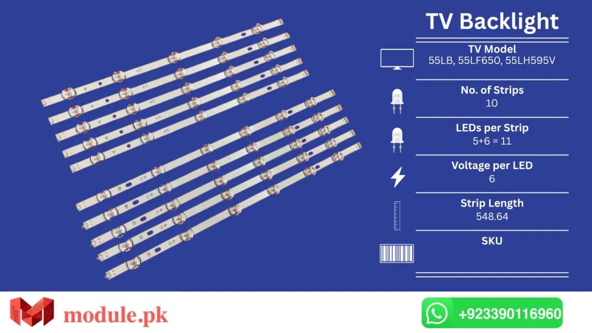 LED Backlight Strip LG 55" - 6V - 55LF650, 55LH595V, 55LB580V, 55LF6500, 55LF5610, 55LB680V, 55LF6529, 55LB620V, 55LB652V, 55LB6000, 55LF5800