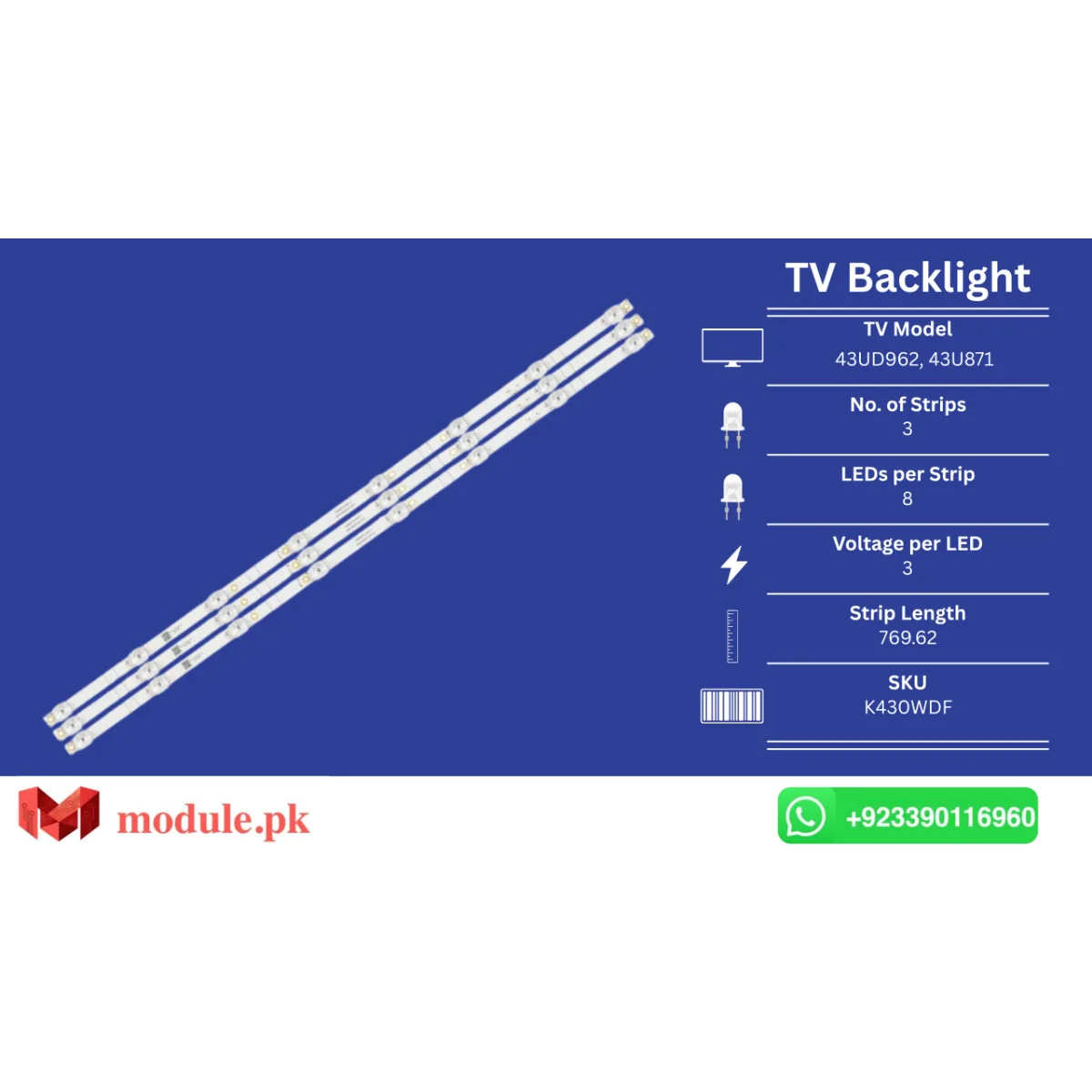 LED Backlight Strip Ecostar 43" - 3V - 770mm - cx-43UD962, CX-43U871, 43UK950, Dijitsu 43D7000, 43DS8800