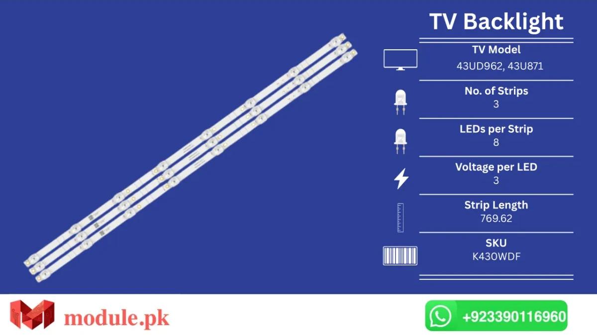 LED Backlight Strip Ecostar 43" - 3V - 770mm - cx-43UD962, CX-43U871, 43UK950, Dijitsu 43D7000, 43DS8800