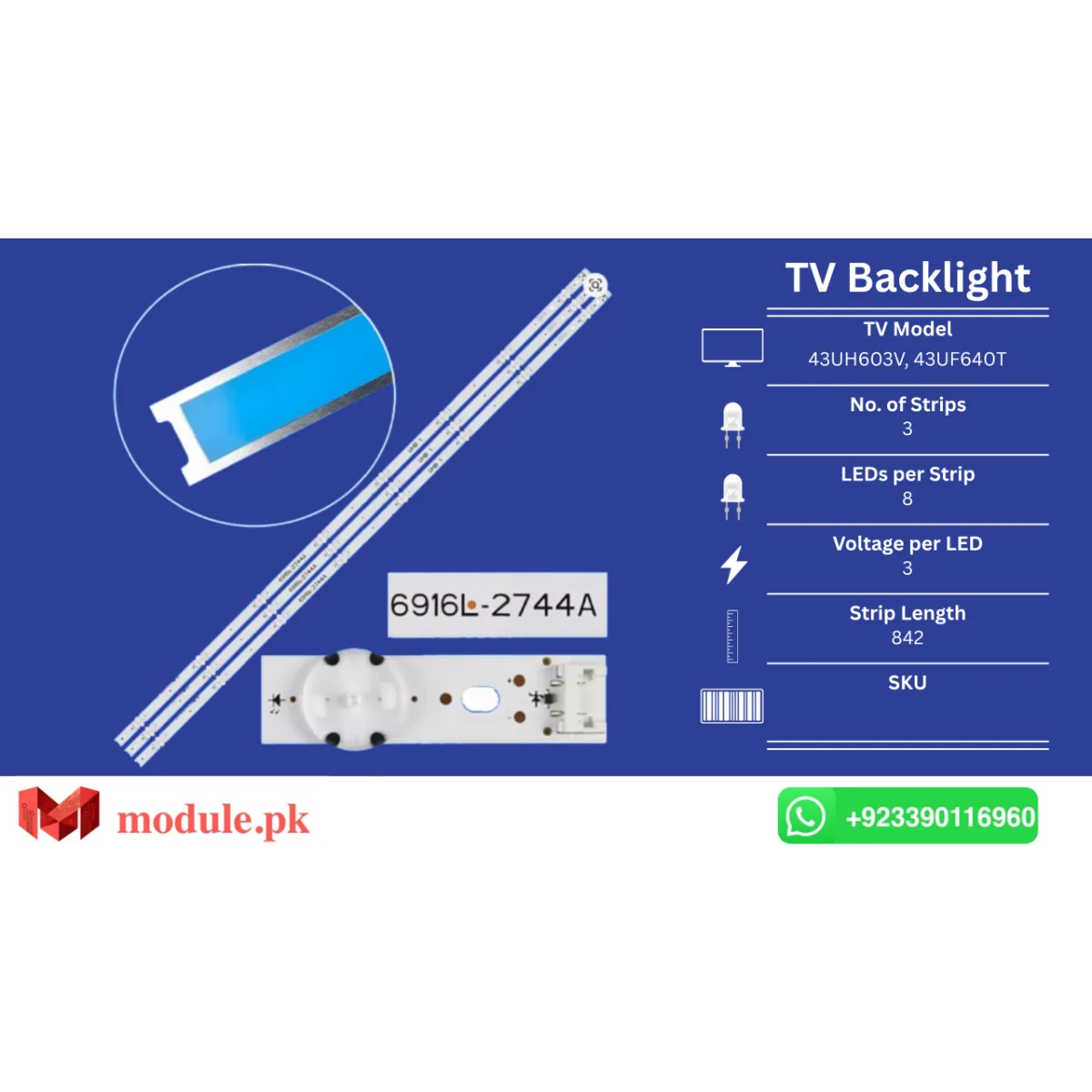LED Backlight Strip LG 43" - 3V - 842mm - 43UH603V, 43UF640T, 43UH6030, 43UH617V, 43UH610V, 43UH619V, 43UF6407, 43UF671V, 43UF6400, 43UH610A, 43LH60, 43UH6100, 43UH620V, 43UH610T, 43LF5700, 43UH611C, 43UH617T, 43UH617Y