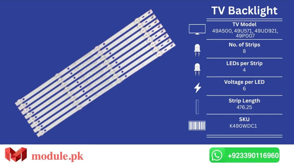 LED Backlight Strip Ecostar 49" - 6V - 476mm - CARRY 49A500, CX-49U571, CX-49UD921, PEL 49P007, HARPER 49U750TS, Daewoo U49V870VKE, 49U5070, 49PUF6032, 49DL4012N