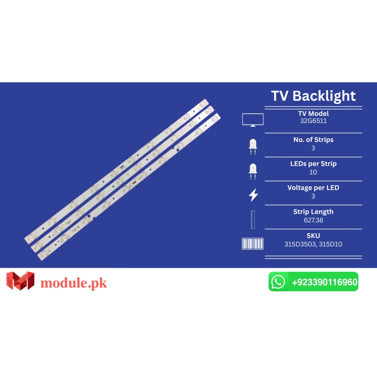 LED Backlight Strip Orient 32" - 3V - 627mm - 32G6511, LE32B310N, LE32A7100L, LE32A31, LE32B510X