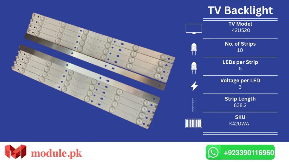 LED Backlight Strip Ecostar 42" - 3V - 838mm - CX-42U520, PHILIPS 42PFL3041/T3, PHILIPS 42PFL5040/T3, PHILIPS 42PFL1335/T3, LE42D31, 42D59EDS