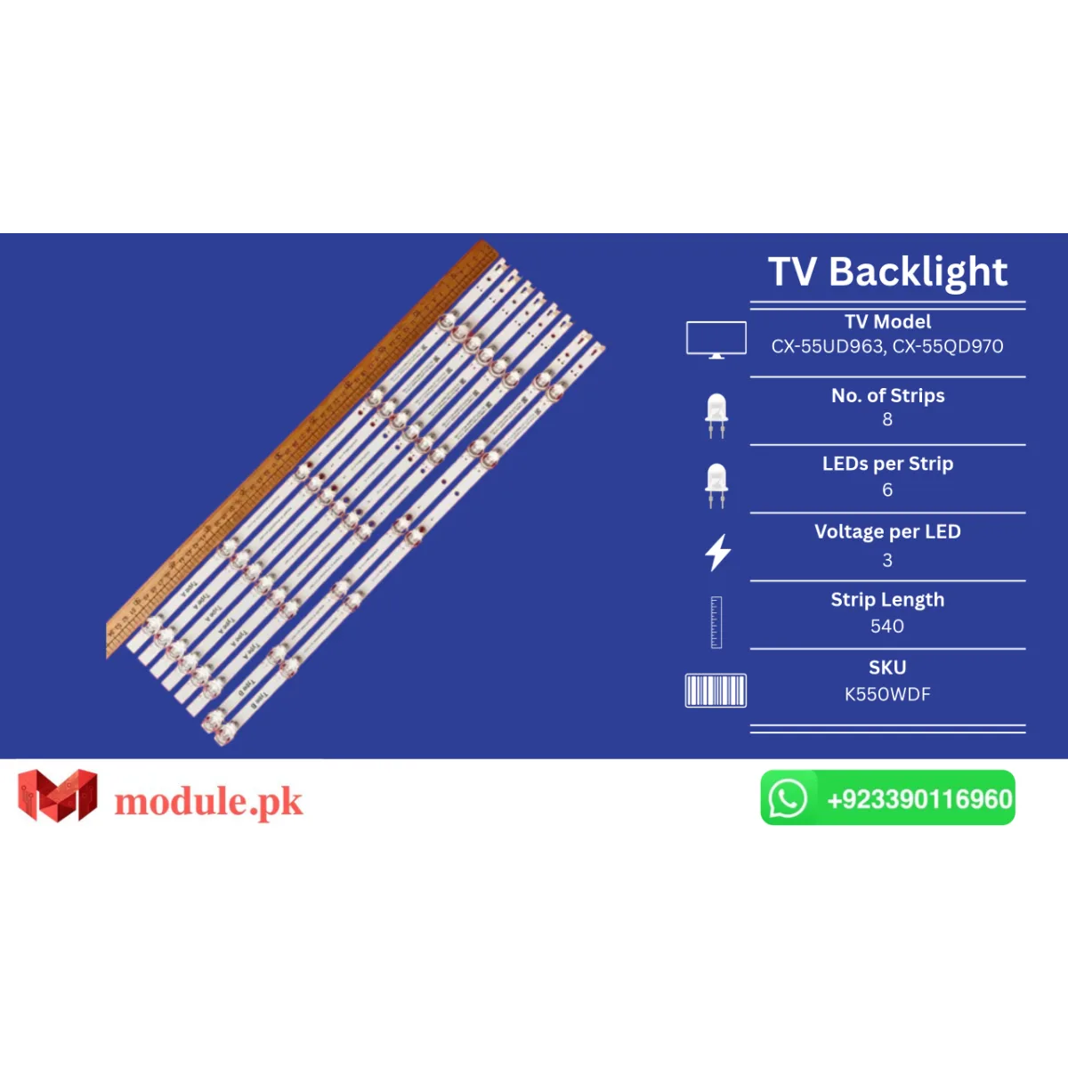 LED Backlight Strip Ecostar 55" - 3V - 540mm - CX-55UD963, CX-55QD970, 55DS8800, AL55B860