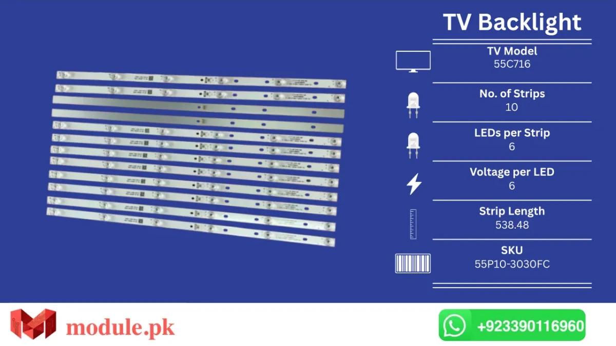 LED Backlight Strip TCL 55" - 6V - 539mm - 55C716, 55C715, YHF-4C-LB5506-YH10J