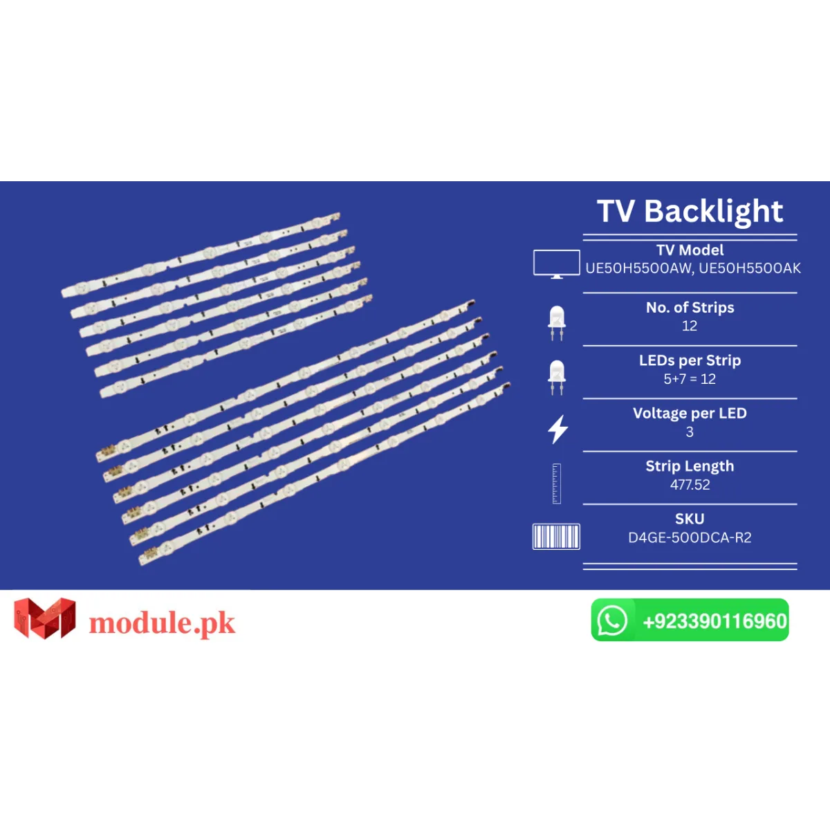 LED Backlight Strip Samsung 50" - 3V - UN50J6200AF, UA50H6400AW, UA50J6200AK, UE50J5500AW, UE50J5500AU, UE50J5500AK, UE50H5500AW, UE50H5500AK